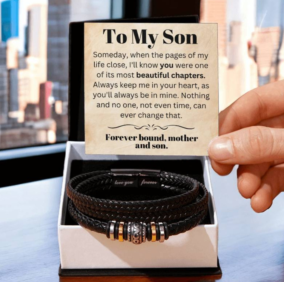 To Son From Mother: Timeless Bond - Men's/Teen's Leather Bracelet with Personalized Mother's Message - size adjustable