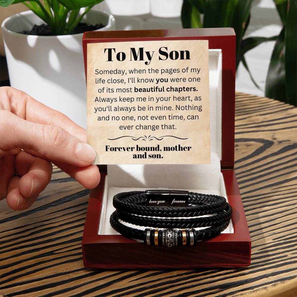 To Son From Mother: Timeless Bond - Men's/Teen's Leather Bracelet with Personalized Mother's Message - size adjustable