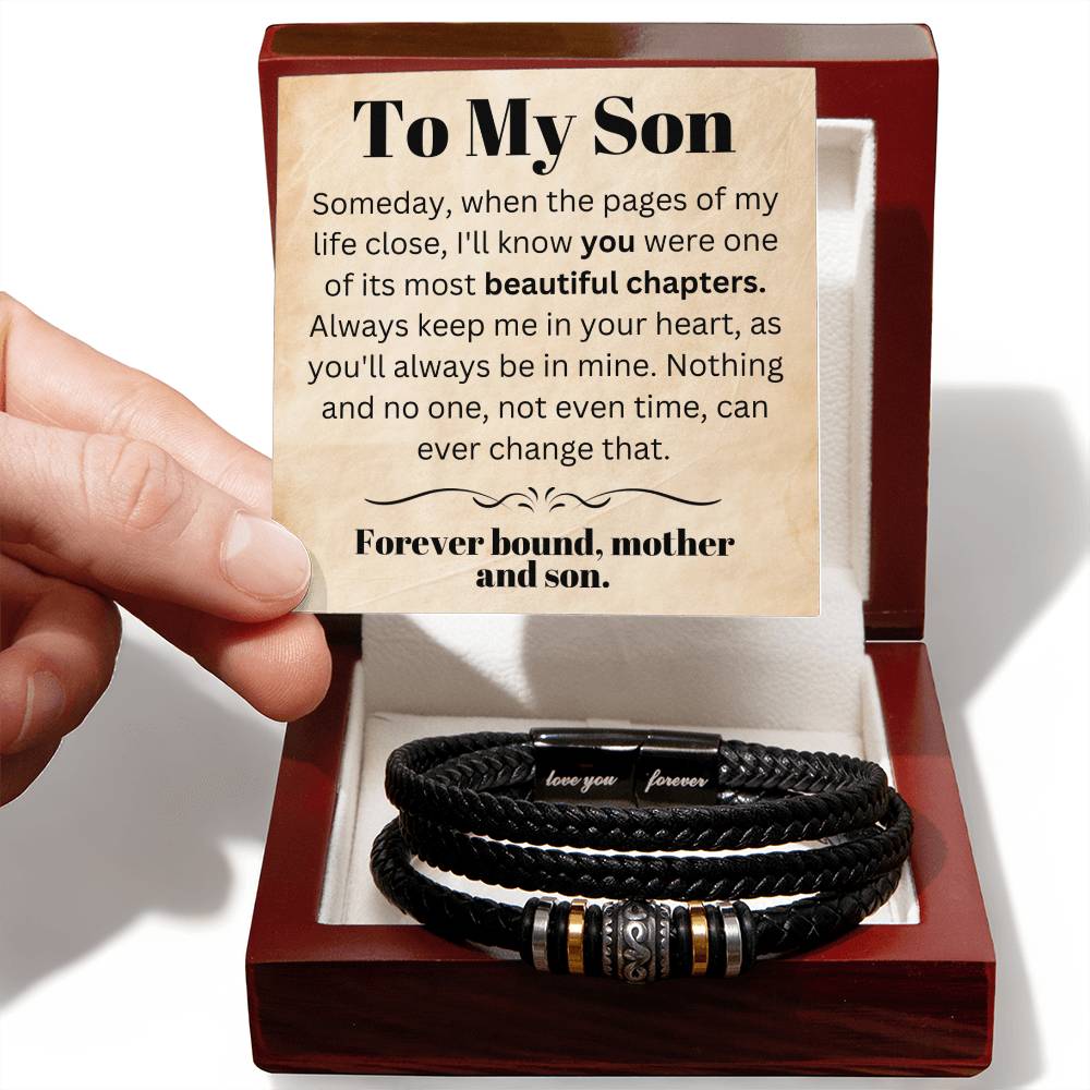 To Son From Mother: Timeless Bond - Men's/Teen's Leather Bracelet with Personalized Mother's Message - size adjustable